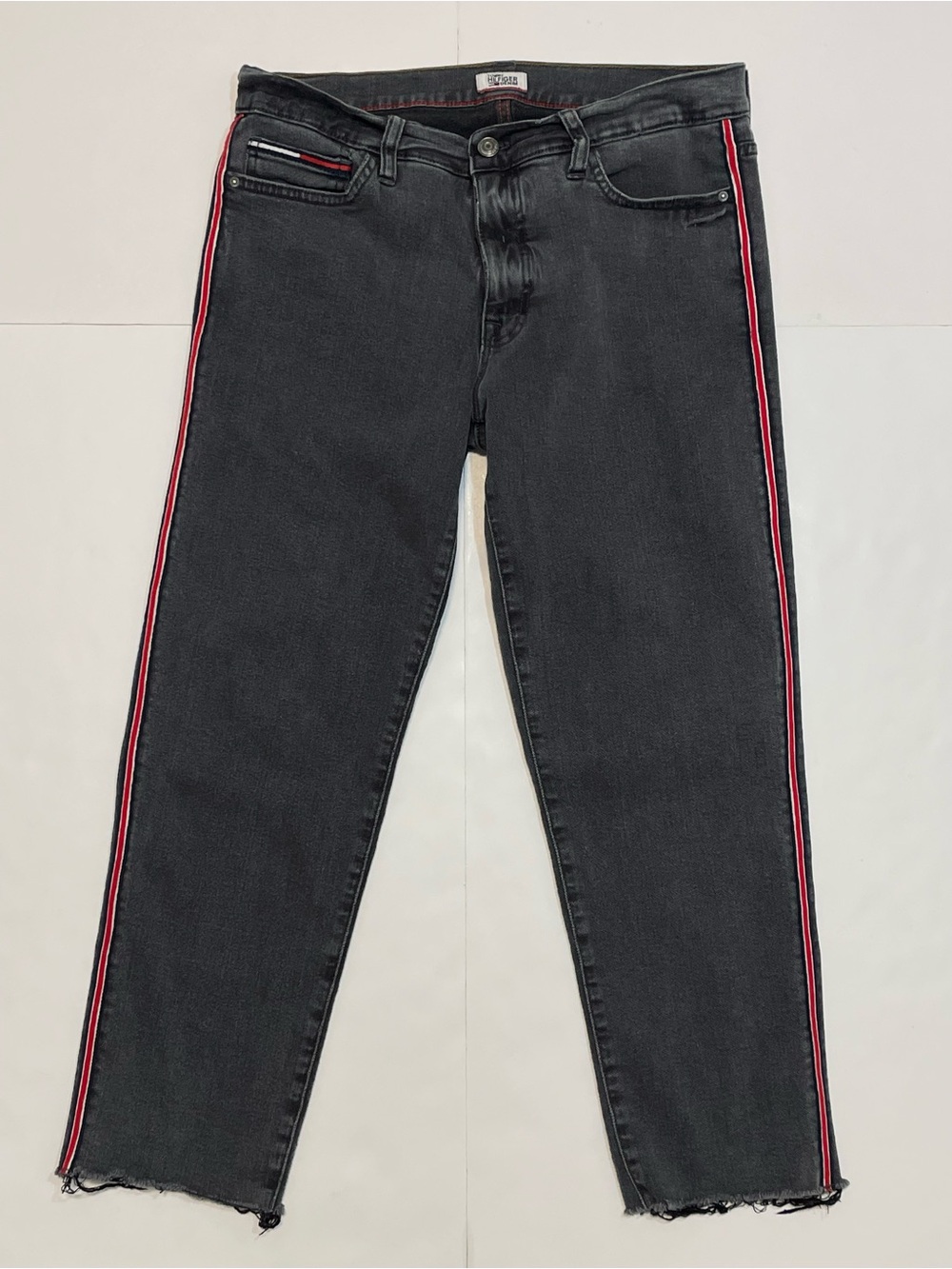 Y2K Tommy Hilfiger Side Stripe Raw Hem Boyfriend Jeans - Gray Size 8